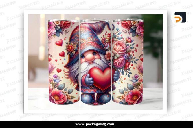 Gnome Flower Heart Sublimation Design, 20oz Valentine Skinny Tumbler Wrap (1)