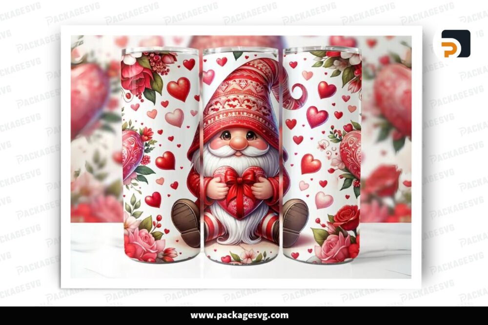 Gnome Heart Gift Sublimation Design, 20oz Valentine Skinny Tumbler Wrap (1)