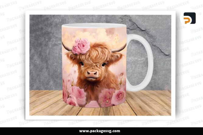 Golden Glitter Highland Cow Sublimation Design, 11oz 15oz Skinny Mug Wrap LRIY19T7 (1)