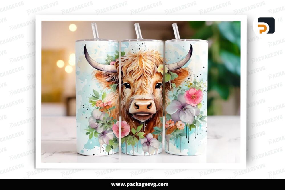 Highland Cow Floral Sublimation Design, 20oz Skinny Tumbler Wrap (1)