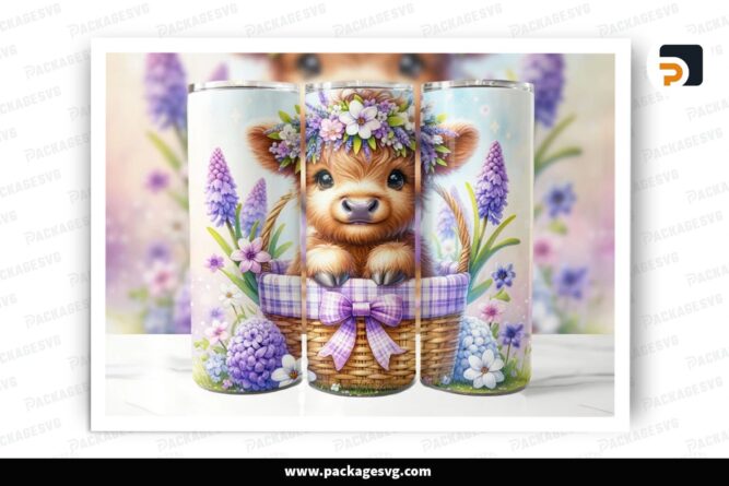 Highland Cow Hyacinth Flowers Sublimation Design, 20oz Skinny Tumbler Wrap (1)