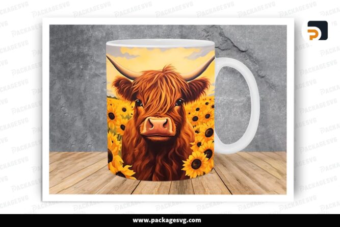 Highland Cow Sunflower Sublimation Design, 11oz 15oz Skinny Mug Wrap LRIY1136 (1)