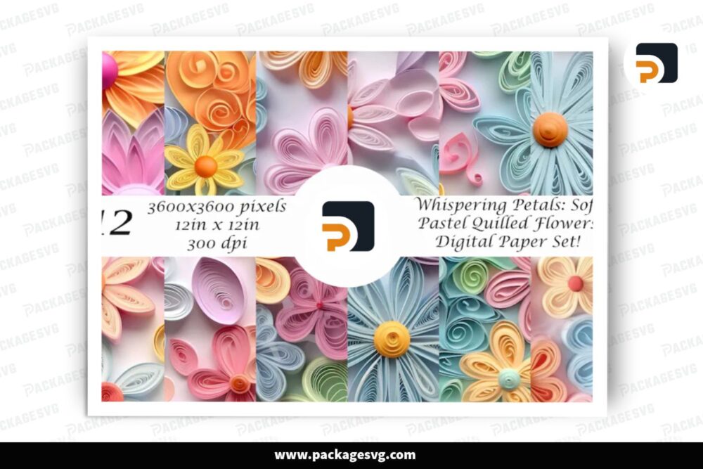 Pastel Quilled Flowers Bundle, 12 PNG Sublimation (4)