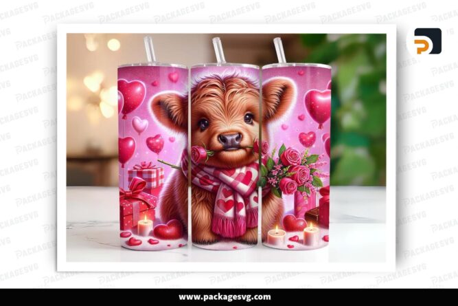 Pink Baby Highland Cow Sublimation Design, 20oz Valentine Skinny Tumbler Wrap (1)