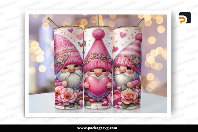 Pink Love Gnome Sublimation Design, 20oz Valentine Skinny Tumbler Wrap (1)