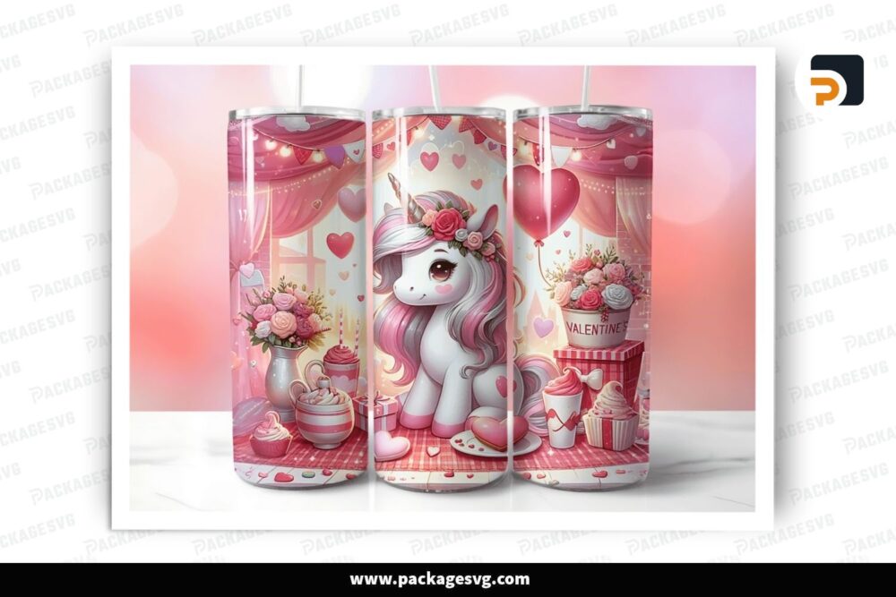 Pink Valentine Unicorn Sublimation Design, 20oz Skinny Tumbler Wrap LR030L04 (1)