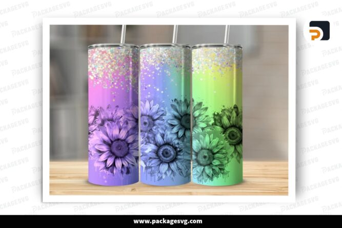 Rainbow Glitter Sunflower Sublimation Design, 20oz Skinny Tumbler Wrap (2)