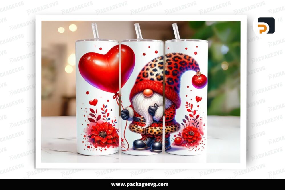 Red Heart Gnome Sublimation Design, 20oz Valentine Skinny Tumbler Wrap (1)