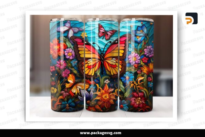 Stained Glass Butterfly Sublimation Design, 20oz Skinny Tumbler Wrap (1)