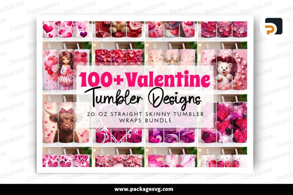 Valentine Sublimation Design Bundle, 100 20oz Skinny Tumbler Wrap (2)