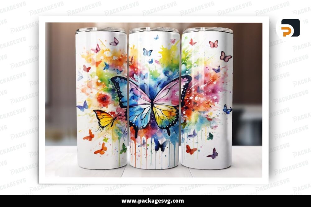 Watercolor Rainbow Butterfly Sublimation Design, 20oz Skinny Tumbler Wrap (2)