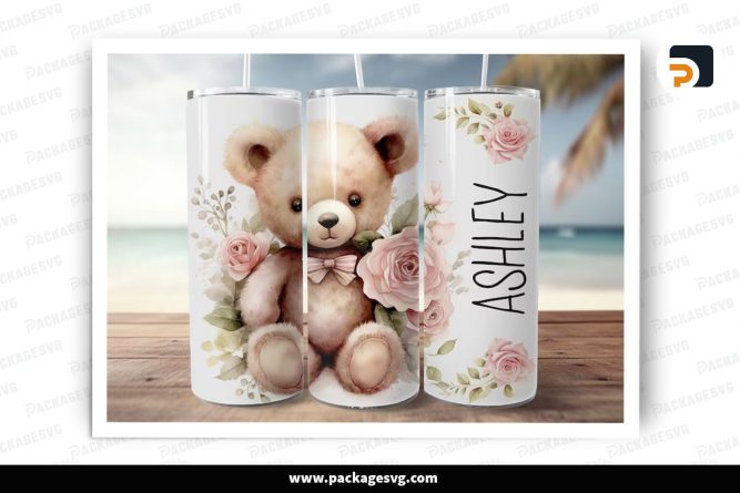 Personalized Teddy Bear Sublimation Design, 20oz Valentine Skinny Tumbler Wrap (1)