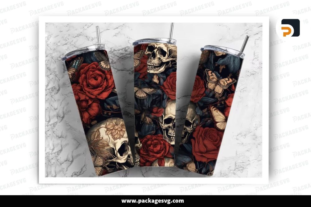 Roses And Skulls Sublimation Design, 20oz Valentine Skinny Tumbler Wrap (2)