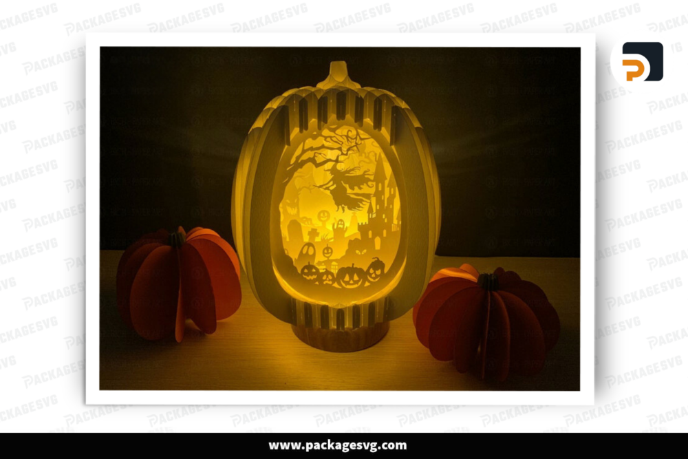 Halloween Pumpkin Pop Up 3D Witch Riding Broom, Halloween Paper Cutting Template - Halloween Pop-up 3D Card - Pumpkin Popup