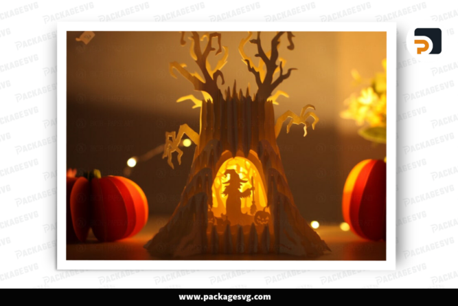 Halloween Ghost Tree With Witch Pop-up 3D - Halloween Paper Cutting Template File - Halloween Pop-up 3D Card - Ghost Tree Popup 3D