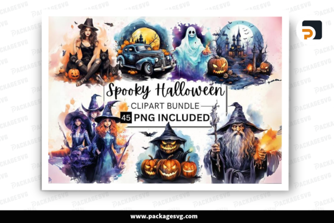 45 Watercolor Spooky Halloween Clipart