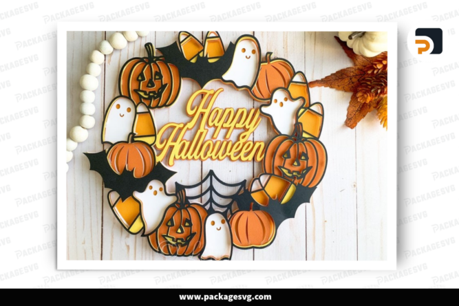 3D Happy Halloween Bat Ghost Pumpkin Wreath - Mandala Layered Digital Cut File