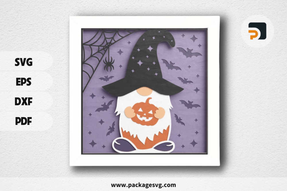 3D Halloween Gnome Shadow Box, Spooky Gnome with Spiders and Bats